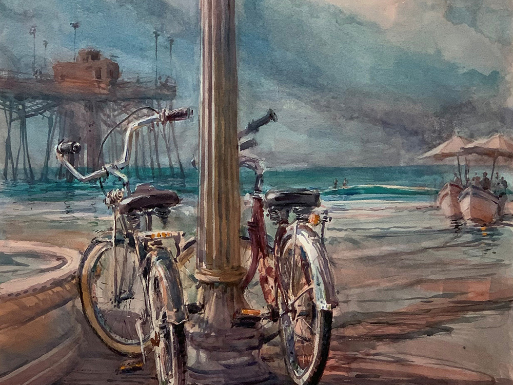 Timothy Clark_Bicycles Pier and Surfers_Newport Beach