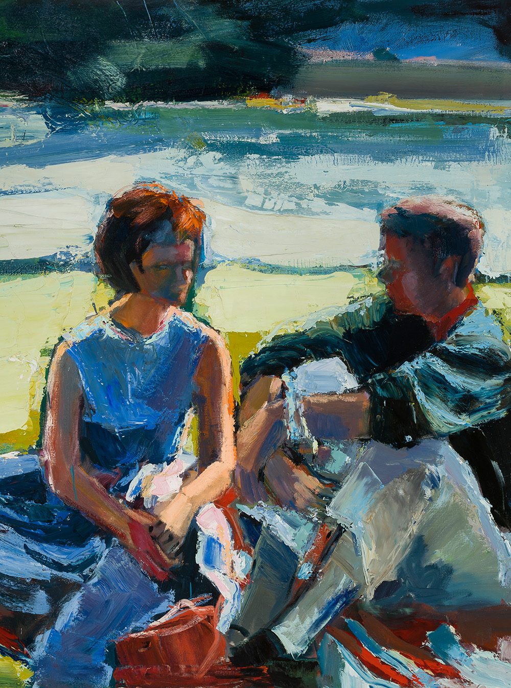 Impressionistic painting of two people sitting on a picnic blanket beside a body of water, rendered with bold brushstrokes in blue, green, and warm orange tones.