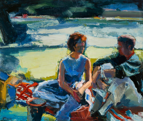 Impressionistic painting of two people sitting on a picnic blanket beside a body of water, rendered with bold brushstrokes in blue, green, and warm orange tones.