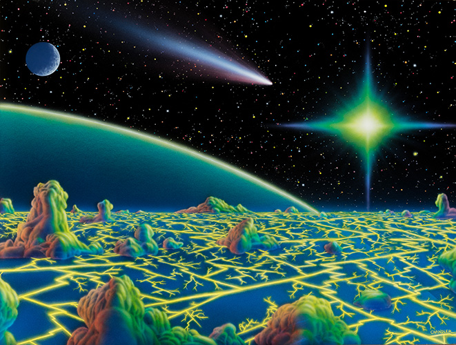 Surreal painting of a glowing alien landscape with rocky formations, a bright star, a comet, and distant planets beneath a star-filled sky.
