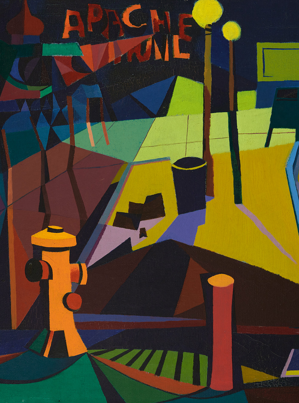 Geometric painting of a nighttime urban streetscape with bold, angular shapes, streetlights, a fire hydrant, and storefront signs in vivid colors.