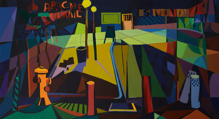 Geometric painting of a nighttime urban streetscape with bold, angular shapes, streetlights, a fire hydrant, and storefront signs in vivid colors.
