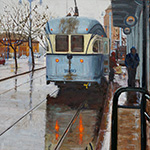 Oil painting of a vintage light blue trolley car numbered 1060 stopped on tracks, its reflection cast in the wet street on a rainy day.